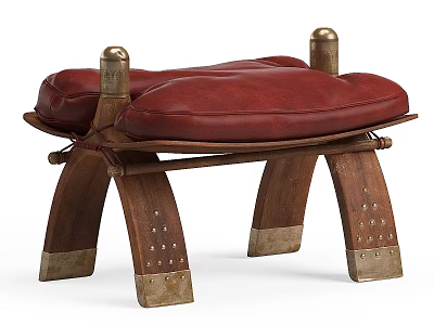 Wooden Sofa Bench With Red Leather Cushion Curved Legs And Metal Accents 3d model