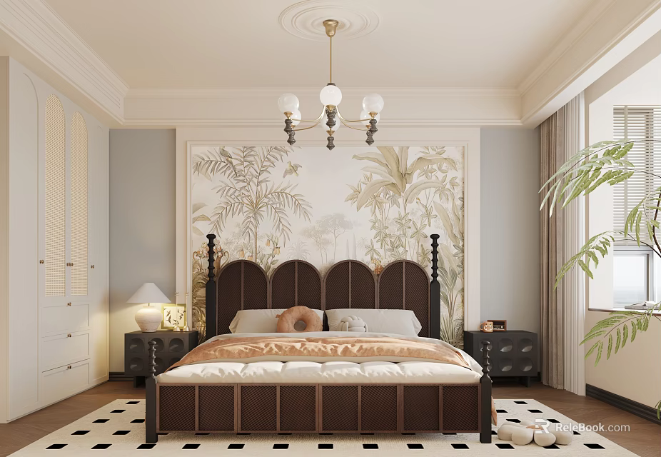 Elegant Bedroom Interior With Tropical Botanical Mural Dark Upholstered Bed Chandelier Nightstands And Checkerboard Rug 3d model 