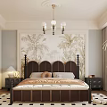 Elegant Bedroom Interior With Tropical Botanical Mural Dark Upholstered Bed Chandelier Nightstands And Checkerboard Rug