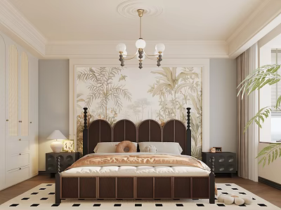 Elegant Bedroom Interior With Tropical Botanical Mural Dark Upholstered Bed Chandelier Nightstands And Checkerboard Rug 3d model