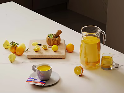 Lemon Tea Station With Lemons Slices Mortar Pestle Pitcher Cup And Sugar 3d model