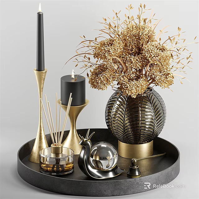 Elegant Modern Decorative Ornament Set with Black Tray Gold Vase Dried Flowers and Metallic Accents 3d model 