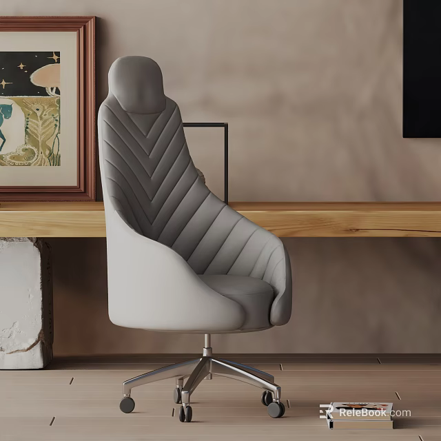 Modern Gray Office Chair With Quilted Stitching Ergonomic Design And Metal Base In Interior Setting 3d model 