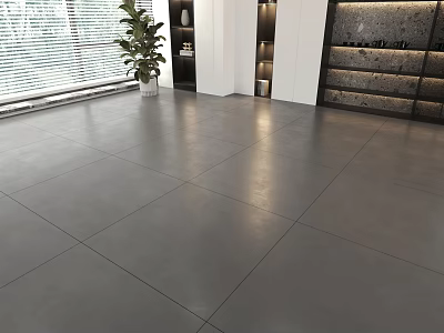 Grey Large Tile Floor In Modern Interior Space With Plants 3d model
