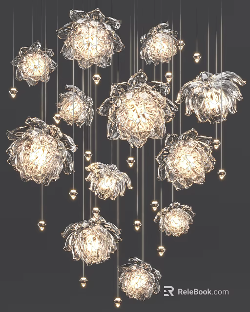 Lotus Shaped Crystal Chandeliers With Illuminated Pendants And Elegant Design 3d model 