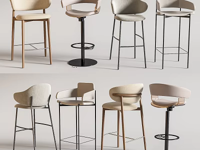 Modern Bar Stools Collection with Fabric Upholstered Seats Curved Backrests and Metal Wooden Bases 3d model