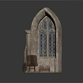 Historic Gothic Building Element With Stone Arched Window Shovel And Ladder 3d model