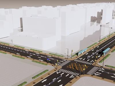 Road Infrastructure Featuring Urban Intersection With Traffic Lights Zebra Crossing Lanes Bus And Street Lamps 3d model