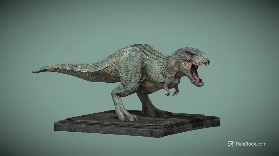 Realistic T Rex Dinosaur Model Standing With Open Mouth And Stone Base 3d model 