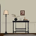 Classic Black Entryway Console Table With Floor Lamp Flowers And Wall Art On Paneled Wall