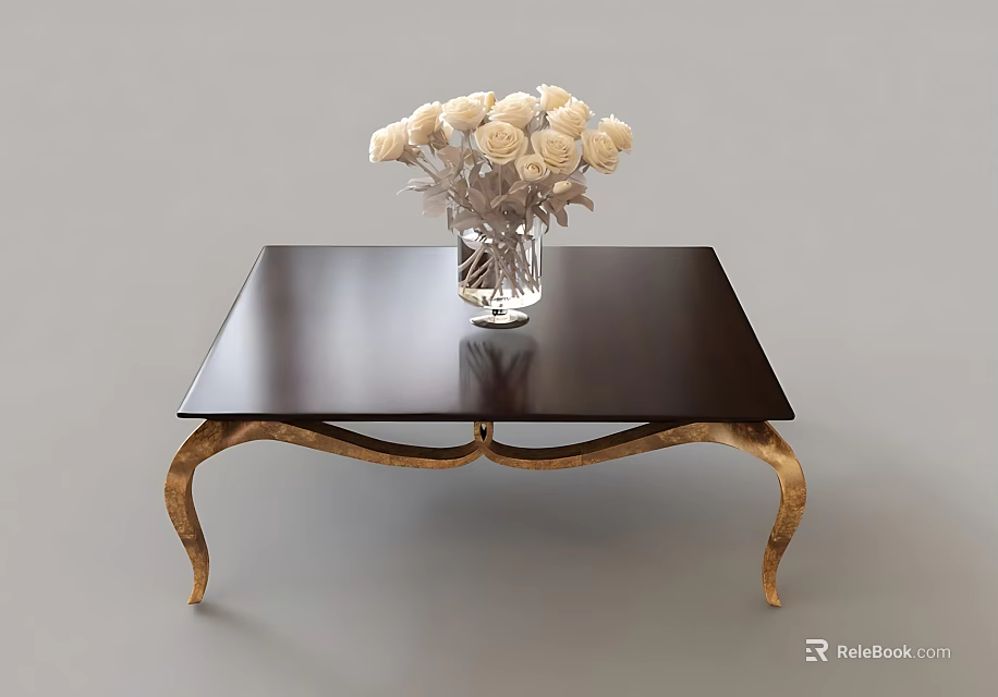 Modern Coffee Table With Black Tabletop Golden Legs And White Flowers In Glass Vase 3d model 