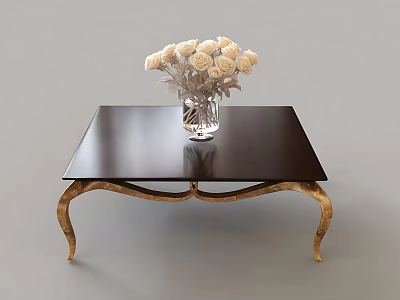 Modern Coffee Table With Black Tabletop Golden Legs And White Flowers In Glass Vase 3d model
