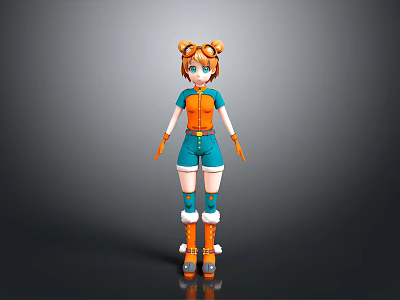 Stylish Game Movie Character with Orange Twin Ponytails Green Eyes Orange Top and Blue Shorts 3d model