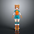 Stylish Game Movie Character with Orange Twin Ponytails Green Eyes Orange Top and Blue Shorts