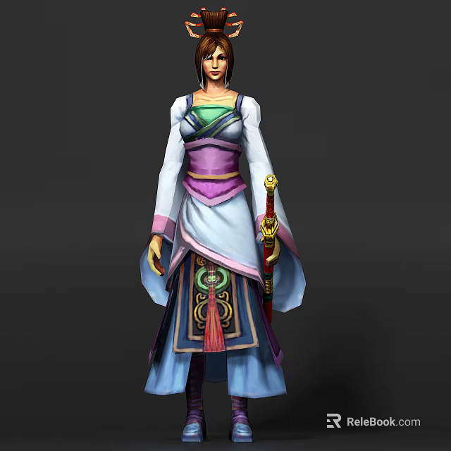 Game Movie Character In Purple White Blue Robe With Waist Decoration And Red Hilt Sword 3d model 