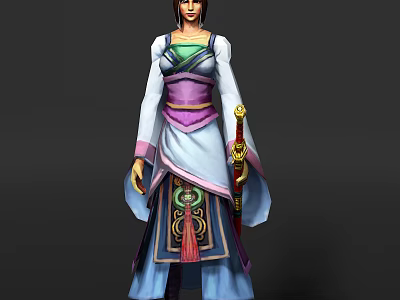 Game Movie Character In Purple White Blue Robe With Waist Decoration And Red Hilt Sword 3d model