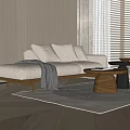 Modern Beige Sofa And Wooden Coffee Table Set With Cushions Gray Throw Blanket And Rug