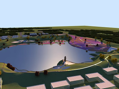 Beautiful Scenic Landscape With Large Lake Water Reflections Green Grassland Trees Lakeside Pathway And Distant Buildings 3d model