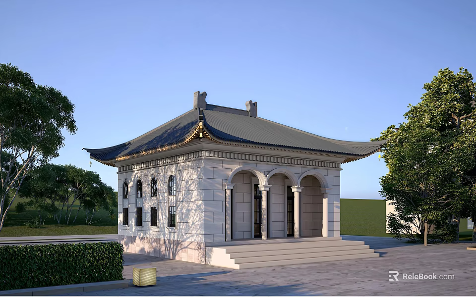 Traditional Stone Detached Villa With Arched Doorways And Curved Eaves In Landscaped Garden 3d model 