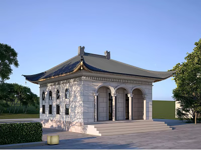 Traditional Stone Detached Villa With Arched Doorways And Curved Eaves In Landscaped Garden 3d model