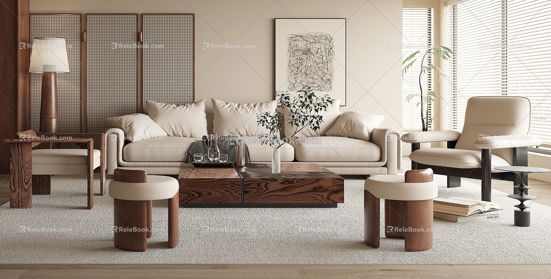 Mid-ancient living room sofa coffee table combination three-person sofa leisure chair single chair model