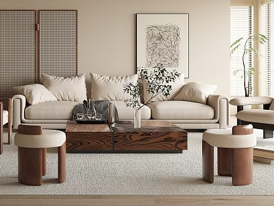 Modern Cozy Living Room Interior With Beige Sofa Wooden Coffee Table Decorative Artwork And Stools 3d model