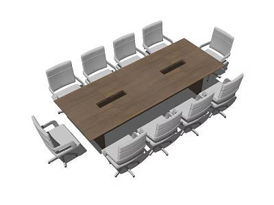 Wooden Rectangular Office Conference Table With Multiple Chairs For Meeting Room 3d model