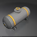 Silver Cylindrical Tank With Yellow Stripes And Valve On Gray Background