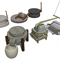 Traditional Garden Ornaments Featuring Various Stone Mills Mortars And Wooden Stands