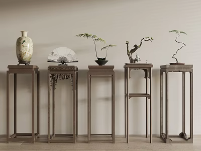 Elegant Traditional Chinese Wooden Flower Stands With Decorative Vase Fan And Bonsai 3d model