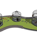 Round Metal Birdcages With Birds On Green Grass Lawn And Fence