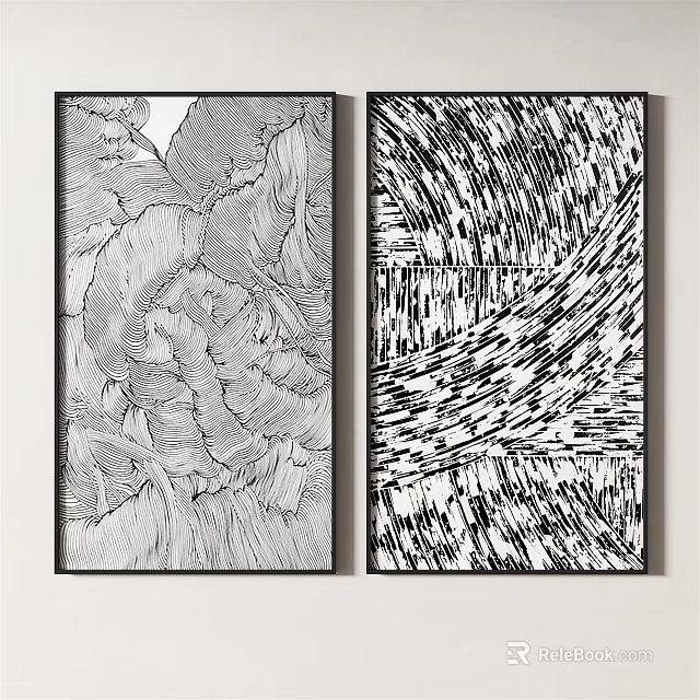 Black And White Line Art Decorative Paintings With Floral Abstract Wave Patterns On Wall 3d model 