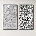 Black And White Line Art Decorative Paintings With Floral Abstract Wave Patterns On Wall