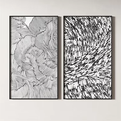 Black And White Line Art Decorative Paintings With Floral Abstract Wave Patterns On Wall 3d model