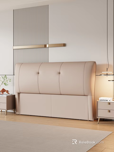 Double Bed With Beige Leather Headboard Striped Wall Design Nightstands Lamps And Potted Plant 3d model 