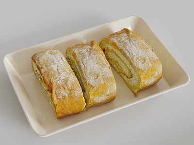 Three Sliced Sweet Bread Rolls with Powdered Sugar on White Rectangular Plate 3d model