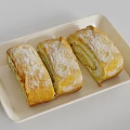 Three Sliced Sweet Bread Rolls with Powdered Sugar on White Rectangular Plate