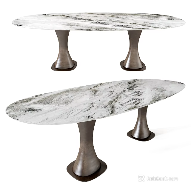 Modern Oval Dining Table With White Marble Top And Metal Legs Design 3d model 