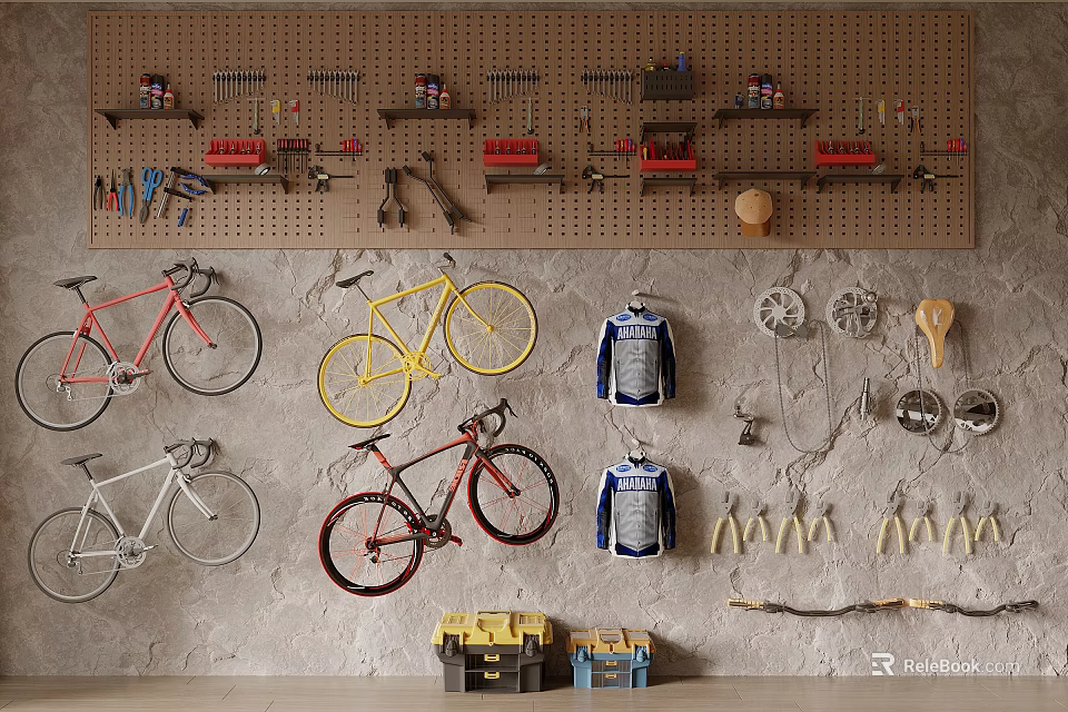 Bicycle Workshop with Hanging Bicycles Tools and Spare Parts 3d model 