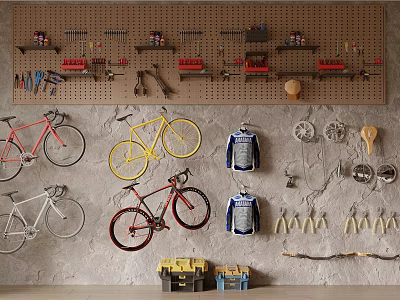 Bicycle Workshop with Hanging Bicycles Tools and Spare Parts 3d model