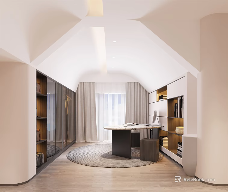 Modern Study Interior Design With Sloped Ceiling Round Desk Bookshelves Wooden Floor And Light Gray Curtains 3d model 