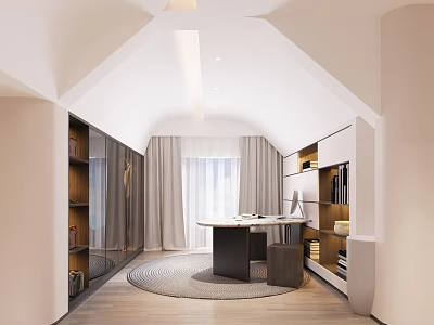 Modern Study Interior Design With Sloped Ceiling Round Desk Bookshelves Wooden Floor And Light Gray Curtains 3d model