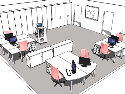 Modern Office Workspace With Multiple Office Desks Pink Chairs Computers Storage Cabinets And Wall 3d model