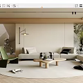 Modern Living Room Interior With Light Sofa Wooden Coffee Table Green Chair And Large Plant