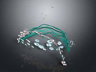 Artistic Decorative Plant With Curved Green Branches And Pink White Flowers 3d model