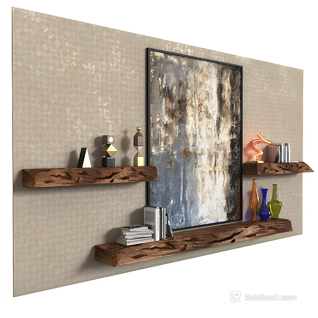 Wooden TV Wall Unit with Decorative Painting Books and Vases on Shelves 3d model 