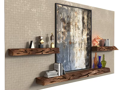 Wooden TV Wall Unit with Decorative Painting Books and Vases on Shelves 3d model