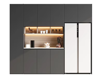 Modern Dark Gray Wine Cabinet With Open Shelf Lighting Wine Glasses And Decorative Items 3d model
