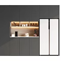 Modern Dark Gray Wine Cabinet With Open Shelf Lighting Wine Glasses And Decorative Items