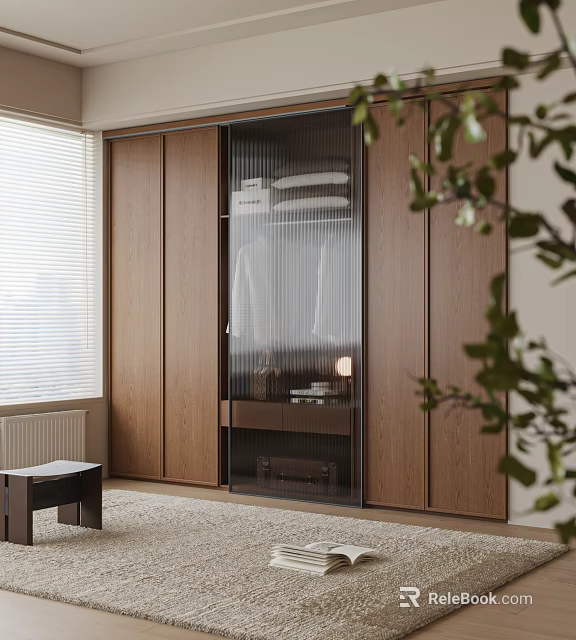 Modern Walk in Closet Interior Design With Wooden Sliding Doors Glass Panels And Clothing Storage 3d model 
